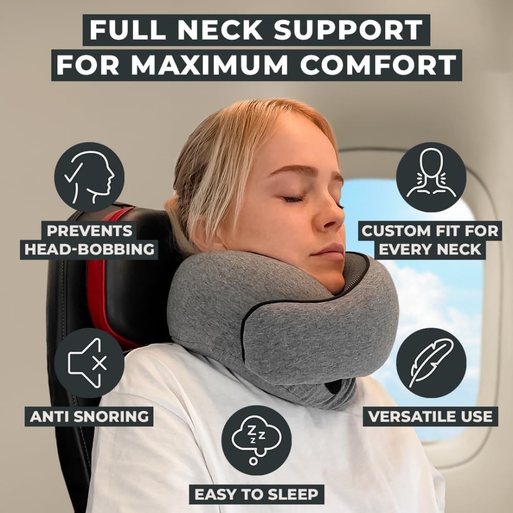 FlyHugz® Neck Travel Pillow Memory Foam Neck Pillow for Comfort on Airplane Compact and Ergonomic Design for Travel, Car Rides, and Home…