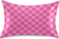 Pink Checkered Pillow Covers Silk Pillowcase for Hair and Skin Breathable Soft Cooling Satin Pillowcase Standard Size Pillow Case for…