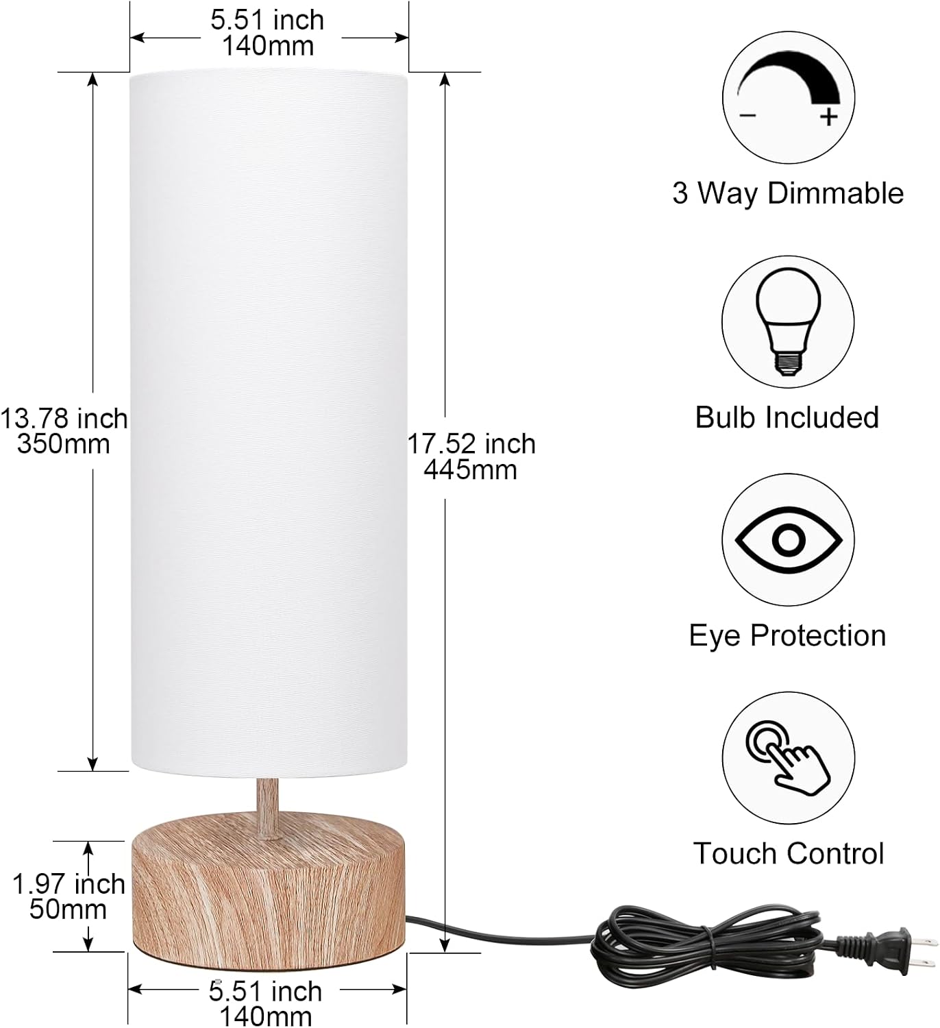 Touch Table Lamp with Metal Base Covered with Wood Grain, 3 Way Dimmable Bedside Nightstand Lamp with White Shade, Simple Night Light for…