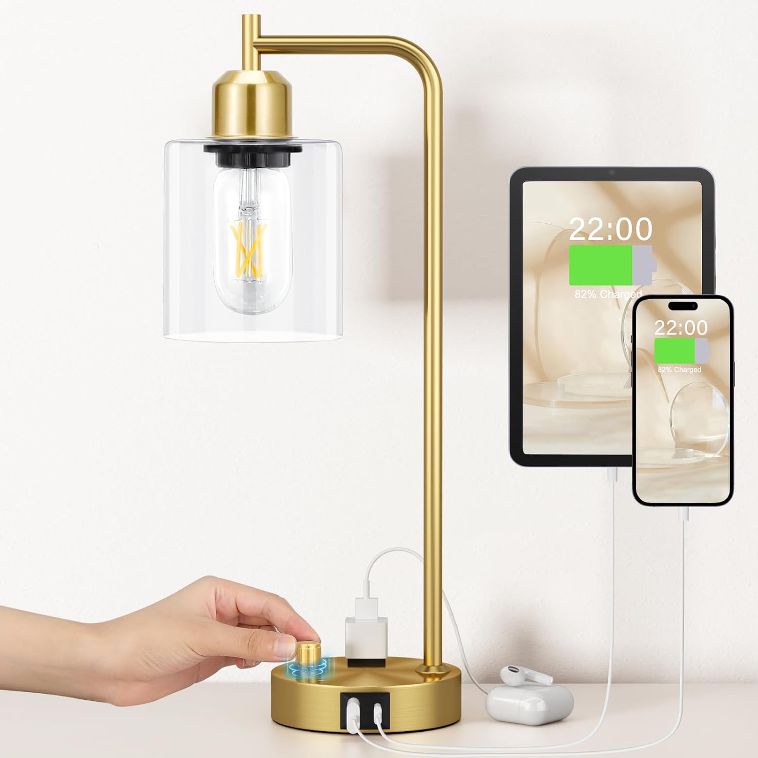 Innqoo Gold Table Lamp for Bedroom - Industrial Bedside Lamp with USB Port and Outlet, Fully Dimmable Nightstand Lamp with Clear Glass…