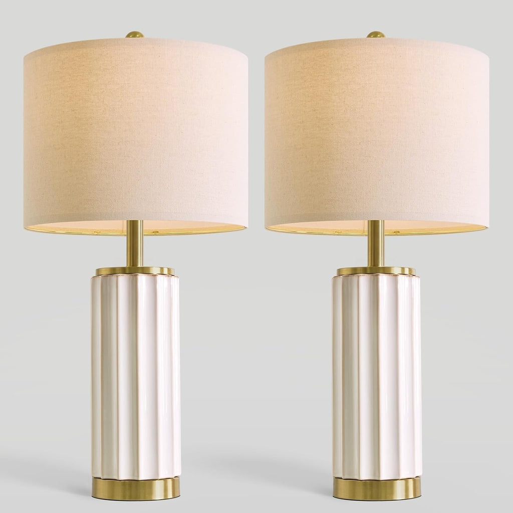 USumkky 25.75" Off-White Ceramic Table Lamp Set of 2, Mid Century Modern Bedside Nightstand Lamps for Bedroom Living Room, Linen Shade &…