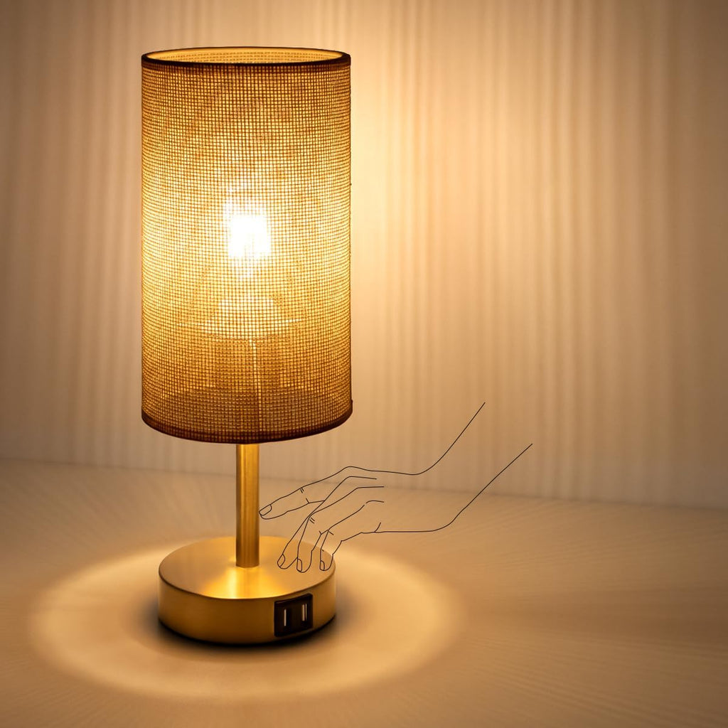 Yarra-Decor Bedside Lamp with USB Port - Touch Control Table Lamp for Bedroom Wood 3 Way Dimmable Nightstand Lamp with Round Flaxen…