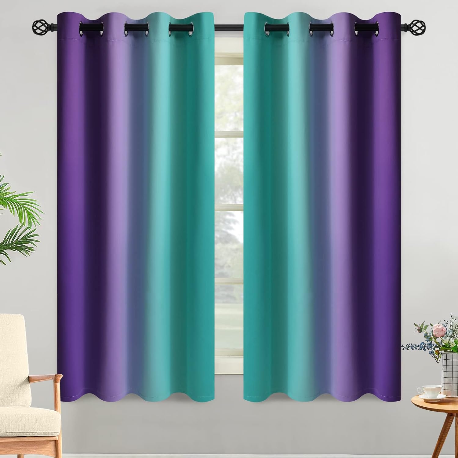 Yakamok Ombre Teal and Purple Curtains for Bedroom, Gradient Room Darkening Curtains, Grommet Thermal Insulated Light Blocking Window Drape…