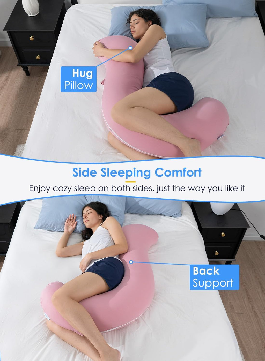 Queenrose QUEEN ROSE Cooling Body Pillow, Full Body Support Pillow for Side Sleepers, Soft S Shaped Hug Pillow for Adults, Pink Pink