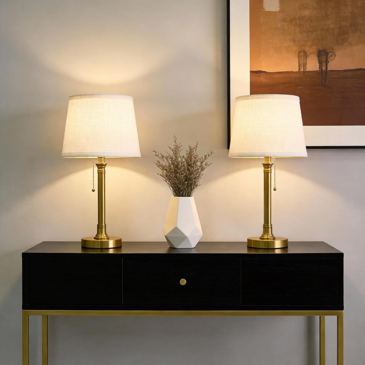 Oneach 19.5" Gold Table Lamp Set of 2, Small Bedside Table Lamps with USB A+C Charging Ports, Pull Chain Switch, Brass Modern Nightstand…
