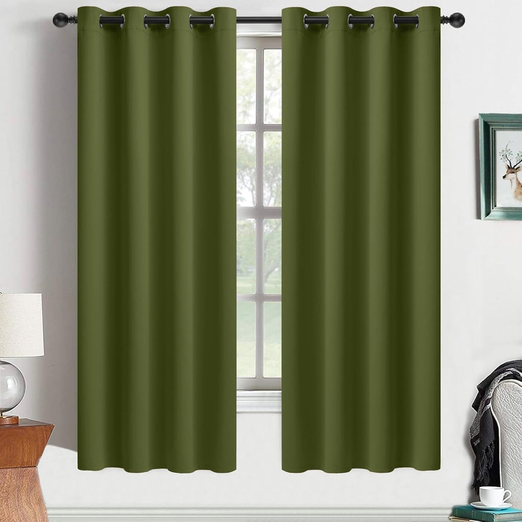 Yakamok Olive Green Blackout Curtains 63 Inches Length with Grommet Green Room Darkening Thermal Insulated Curtain Set of 2 Drapes for…