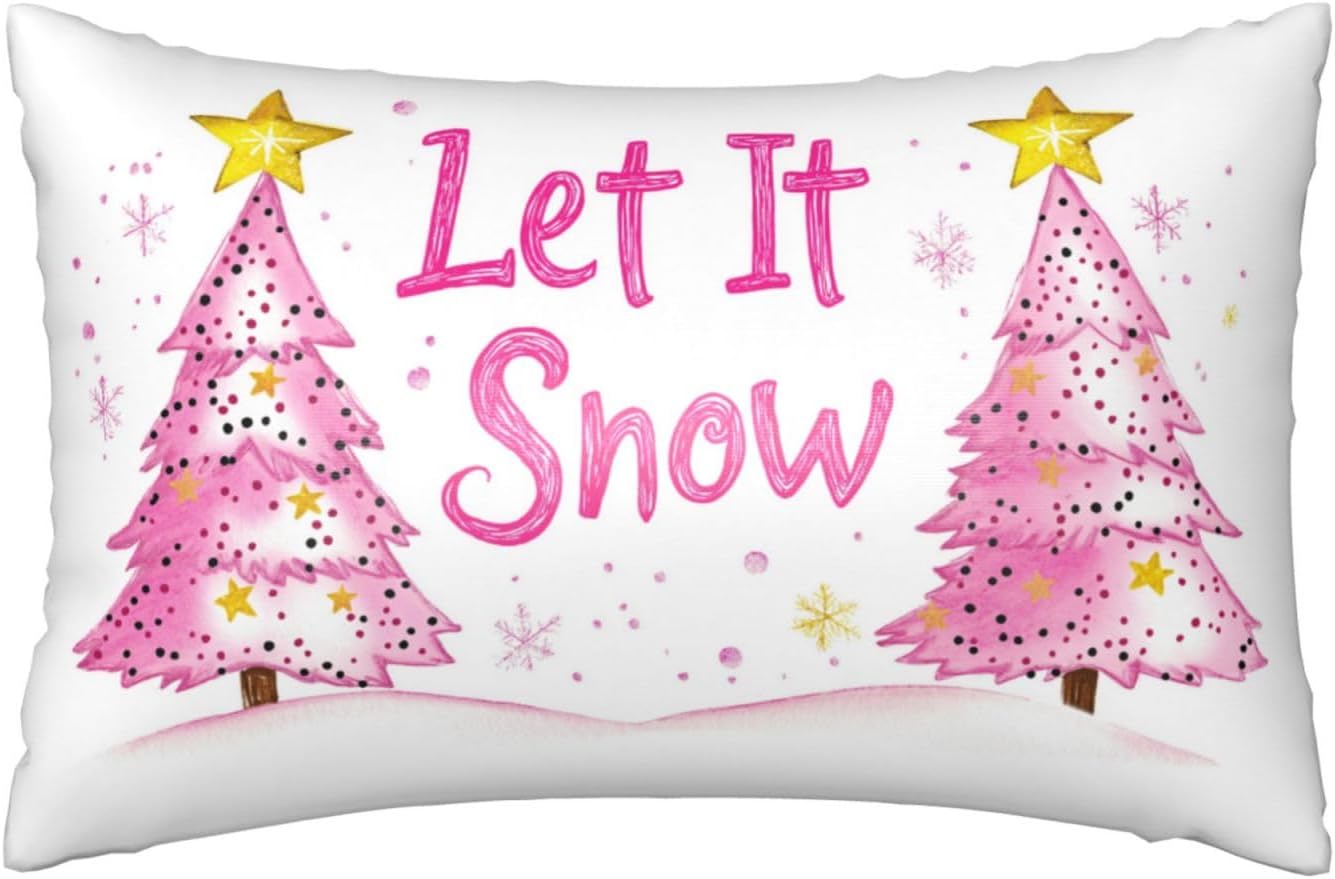 Pink Xmas Trees with Gold Stars Imitation Silk Pillowcase for Hair and Skin Let It Snow 1 Pack Satin Queen Pillowcase with Hidden Zipper…