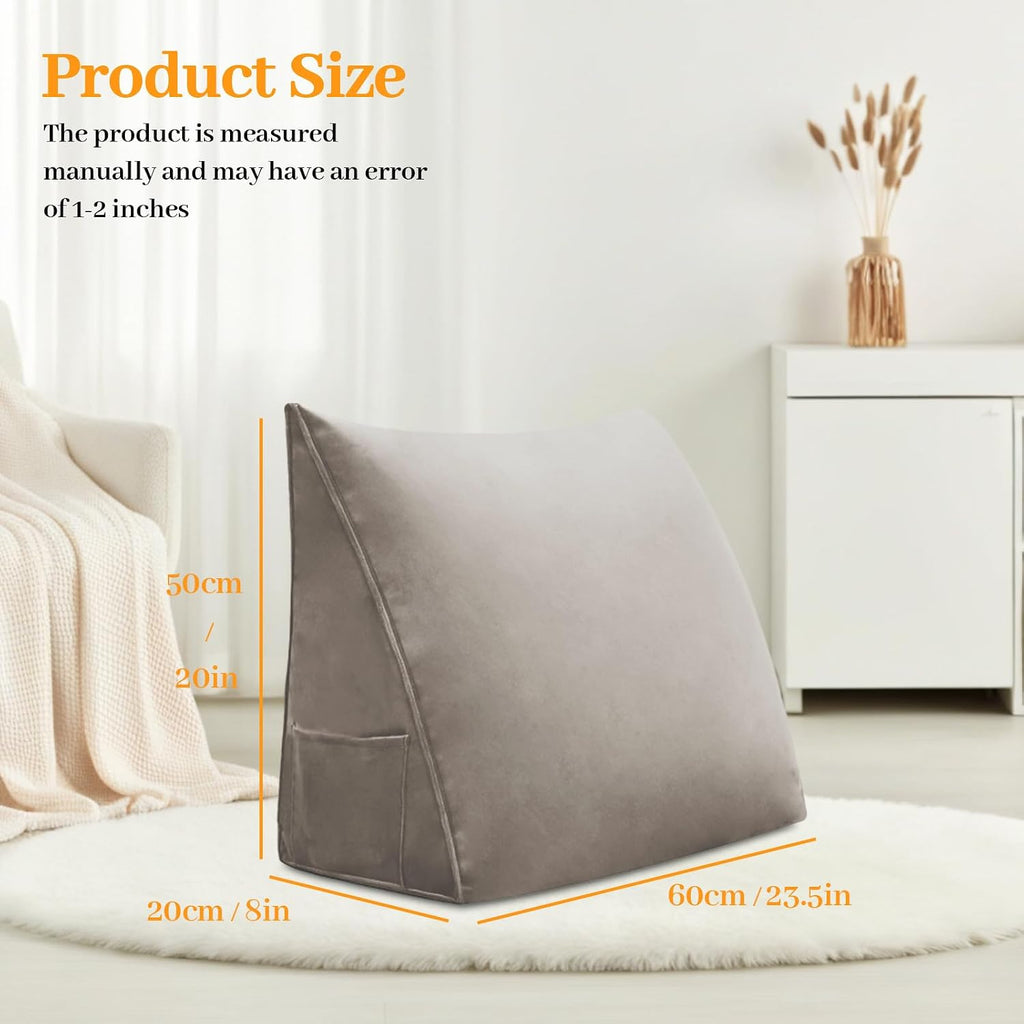 Wedge Headboard Pillow Reading Backrest Pillow for Sitting in Bed Sofa Dorm with Removable Cover Side Pockets Dutch Velvet Fabric Camel