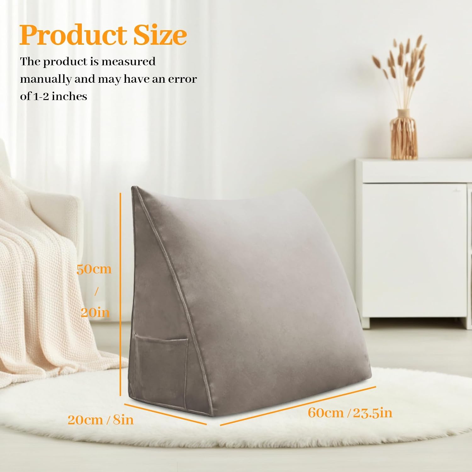 Wedge Headboard Pillow Reading Backrest Pillow for Sitting in Bed Sofa Dorm with Removable Cover Side Pockets Dutch Velvet Fabric Camel