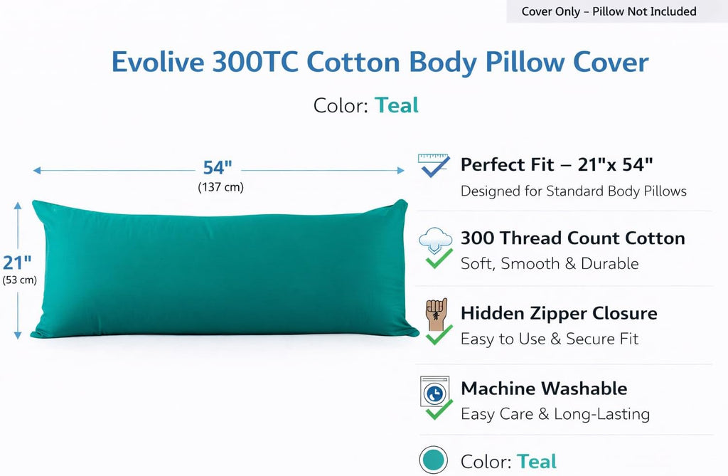 Evolive 300 Thread Count 100% Cotton Body Pillow Cover, 21" x 54", Soft Breathable Replacement Pillow Case with Hidden Zipper Closure (Teal…