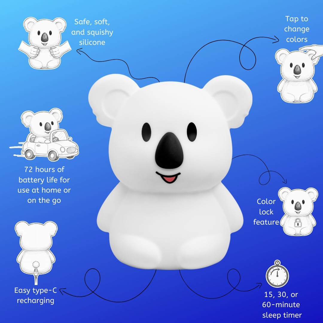 LumiPets Keith the Koala Squishy Night Light for Kids | Silicone Lamp with Tap & Remote Control | Rechargeable, 9 Color Changing Animal…
