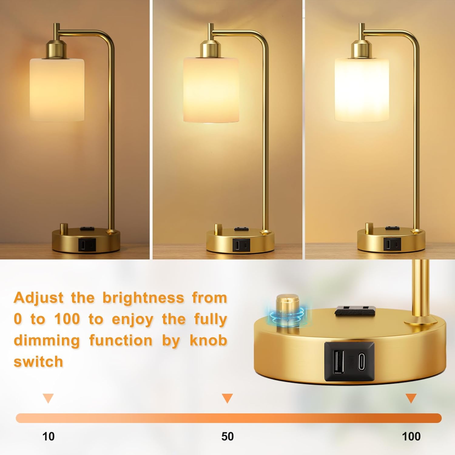Innqoo Industrial Table Lamps for Bedroom Set of 2 - Fully Dimmable Bedside Lamps with USB Ports and Outlet, Gold Nightstand Lamps with…