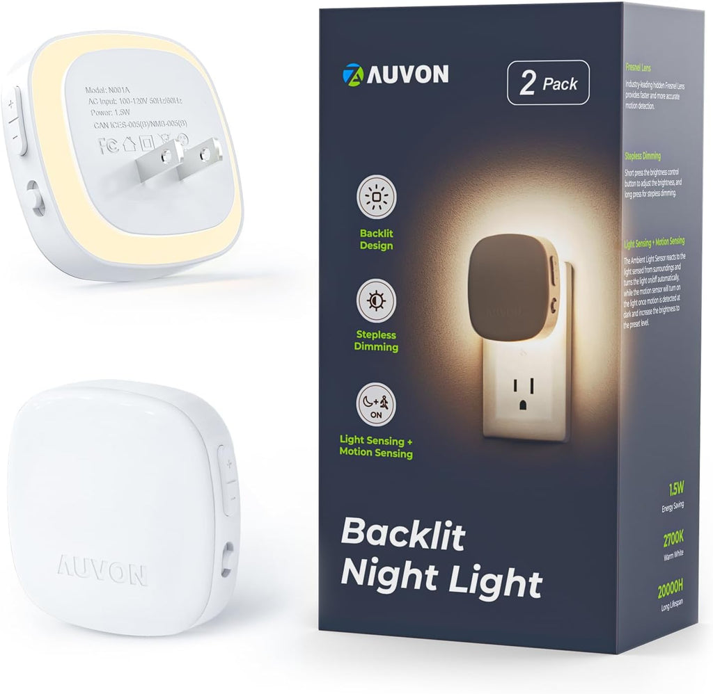AUVON Plug-in LED Backlit Night Light with Motion Sensor & Dusk to Dawn Sensor, Dimmable Warm White Nightlight with 1-50 lm Adjustable…