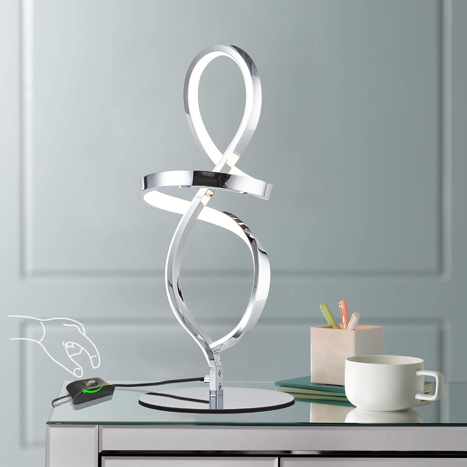Mayful Modern Table Lamp with LED Unique Spiral Design, Small Nightstand Lamp with Stepless Dimming Switch, Chrome Bedside Lamps for…