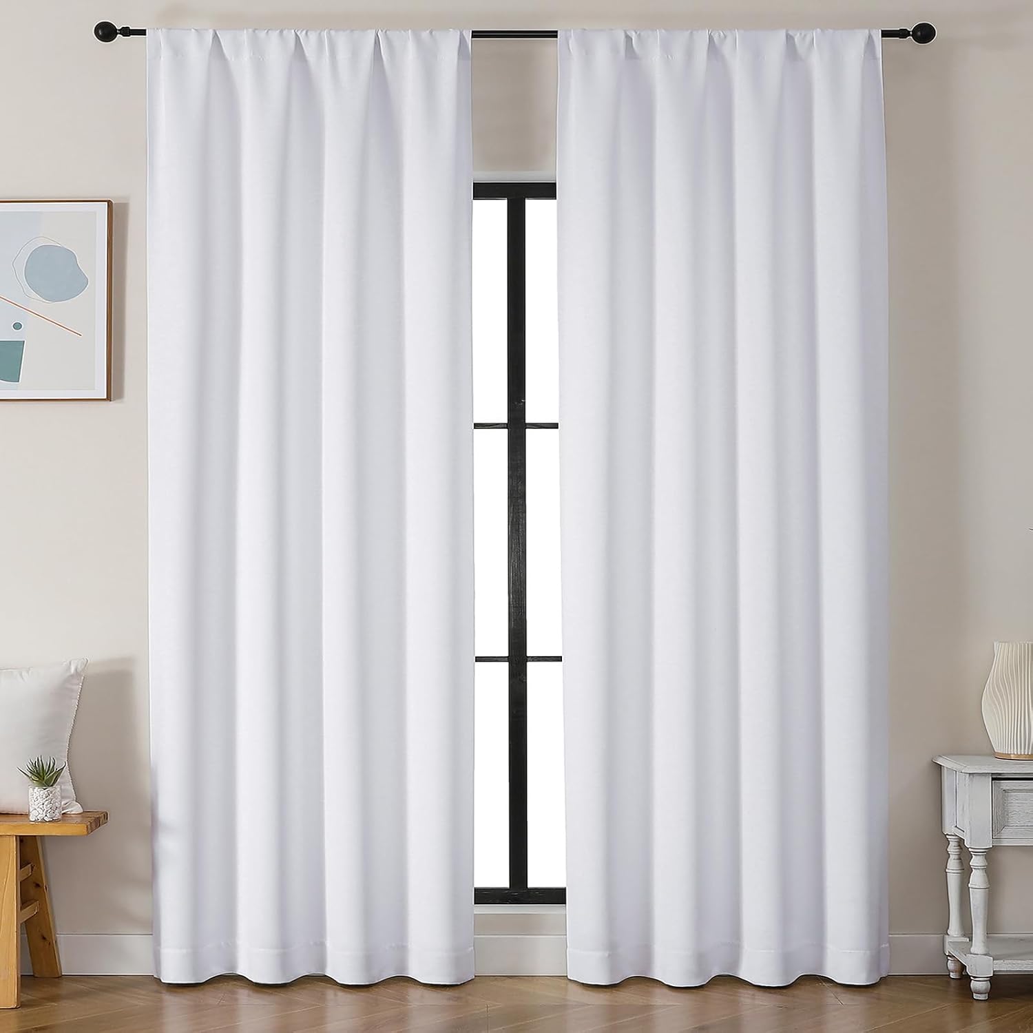 Simplebrand Ava Pure White Curtains for Bedroom 90 Inches Long 2 Panels Set, Light Filtering Window Treatment, Room Darkening Curtain, Soft…