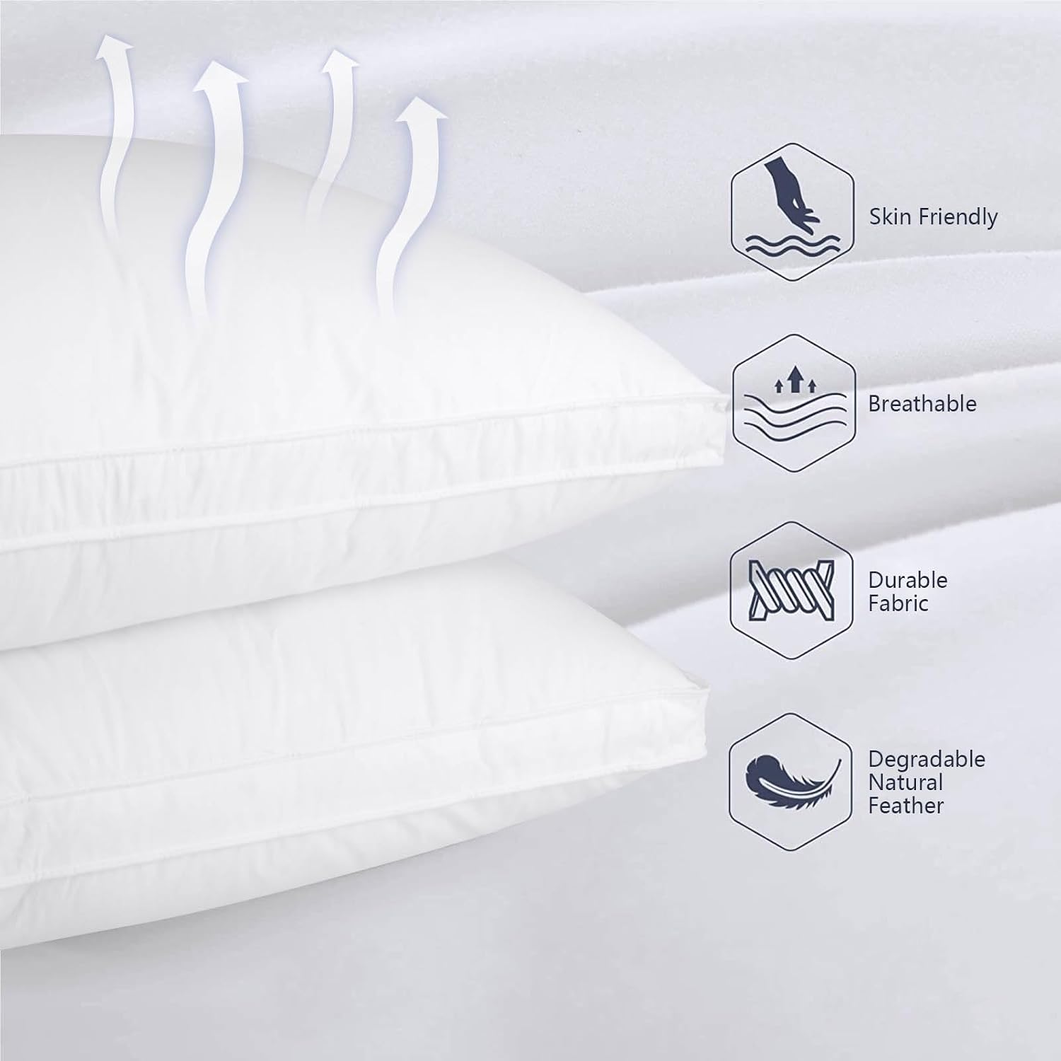 Set of 2 Standard Size Down Pillows - Goose Feather & Down Blend Pillows 440 Fill Power, 100% Cotton Cover, Hypoallergenic, Medium Support