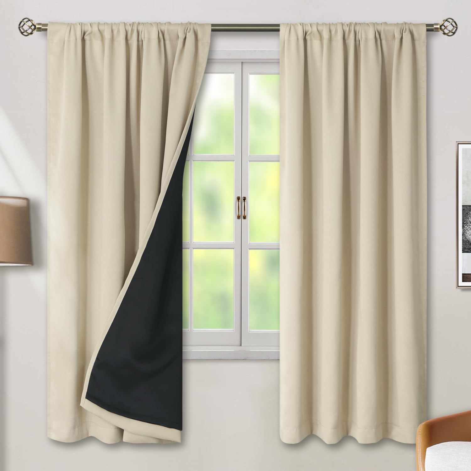 BGment Beige Full Blackout Curtains with Thermal Insulation Liner Curtains 72 Inches Long, Rod Pocket and Back Tab Double Layer Room…