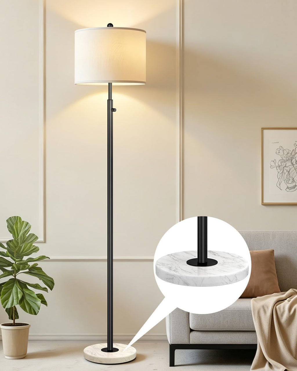 Nintiue Dimmable Floor Lamp for Living Room, 11W LED Bulb Included, Modern Standing Lamp with Marble Base, Tall Pole Light with White…