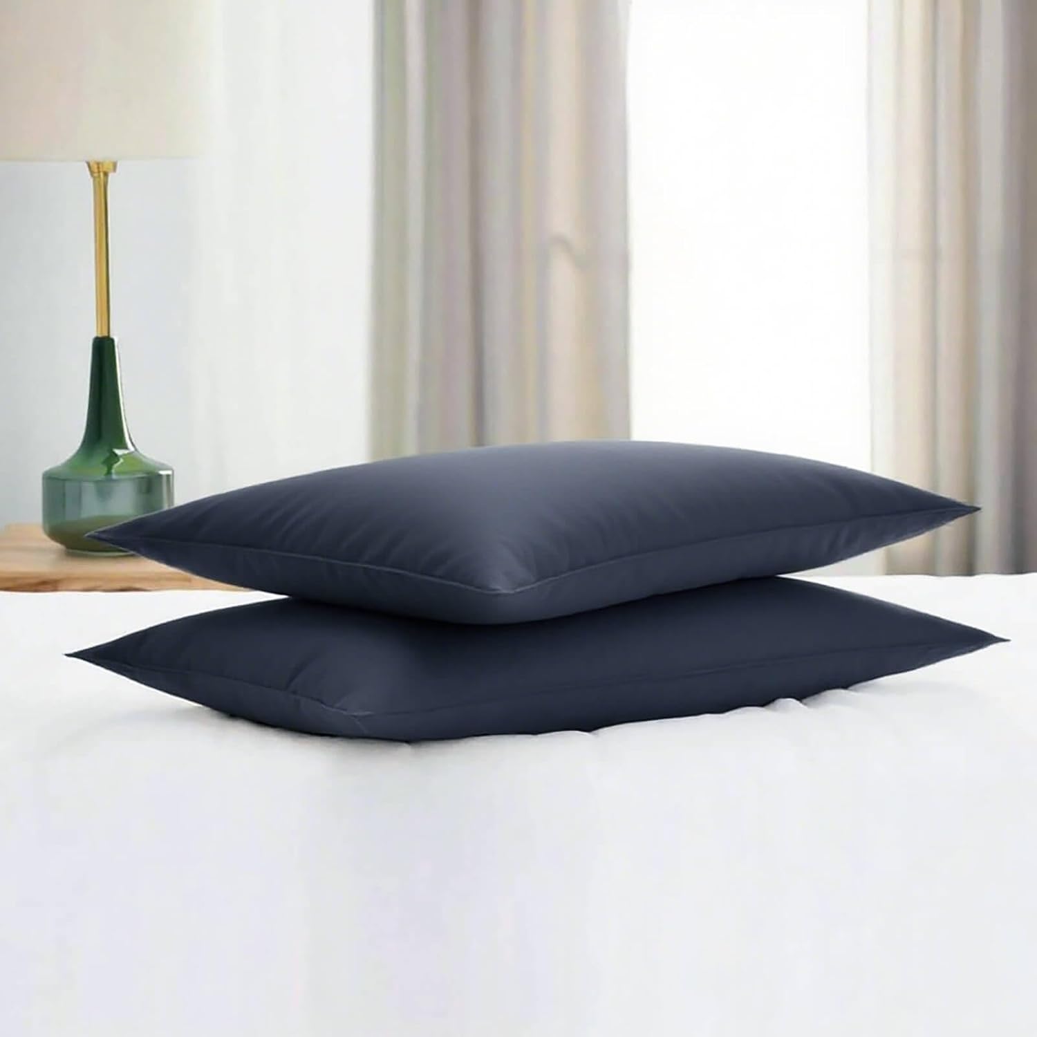 Flat Ultra Thin Bed Pillows King Size Pillow Set of 2 Extra Soft Down Alternative for Stomach Back Sleeper Dark Blue 20x36inches