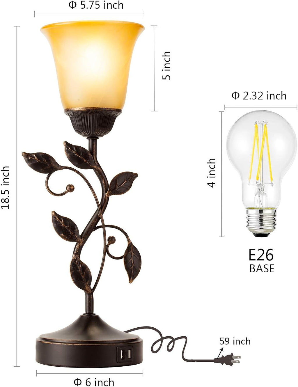 Touch Control Table Lamp with 2 USB Charging Ports, 3-Way Dimmable Bedside Nightstand Lamps, Amber Glass Shade Vintage Rural Leaf Lamp…