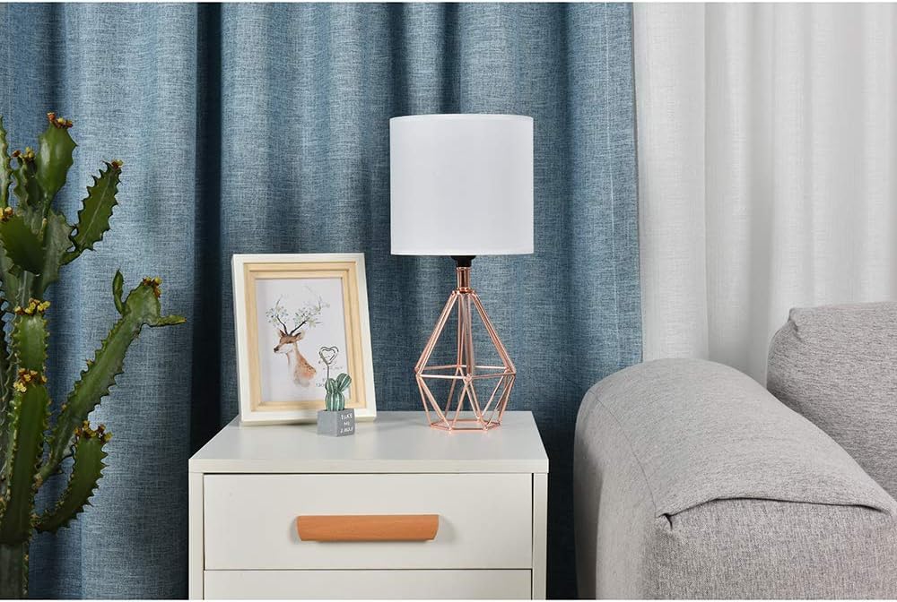 Rose Gold Bedside Table Lamp, Modern Small Desk Lamp with TC Fabric Shade Geometric Metal Base for Kids Living Room Bedroom Nightstand