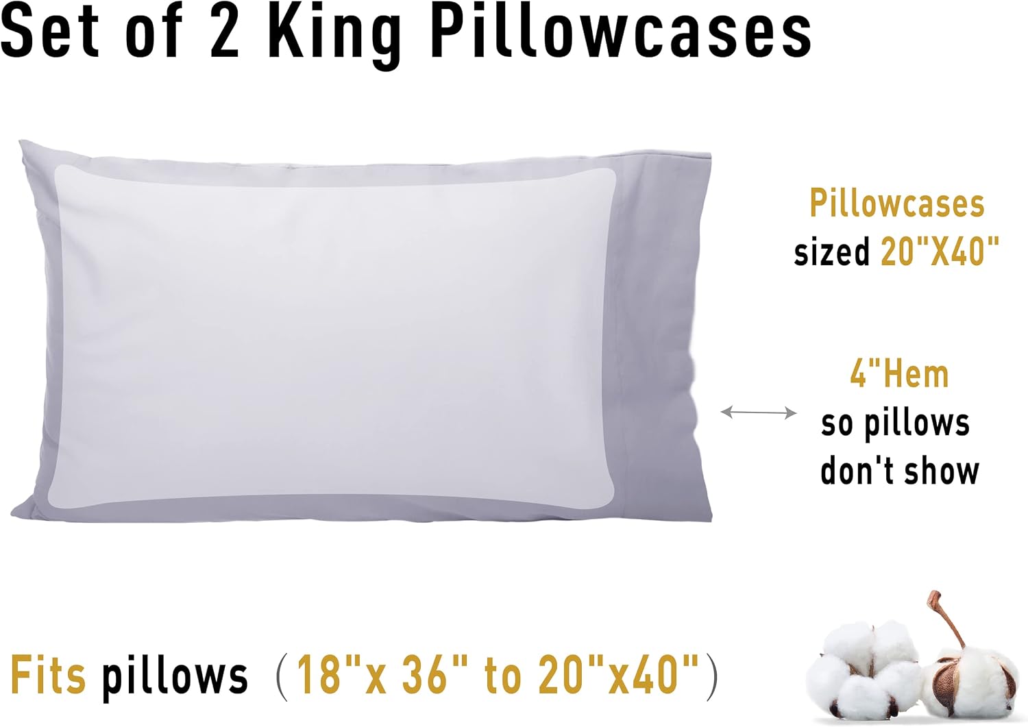 Sunflower King Pillowcases Set of 2, 100% Cotton King Size Pillow Cases 2, 20×40 inches Light Purple, Soft and Breathable