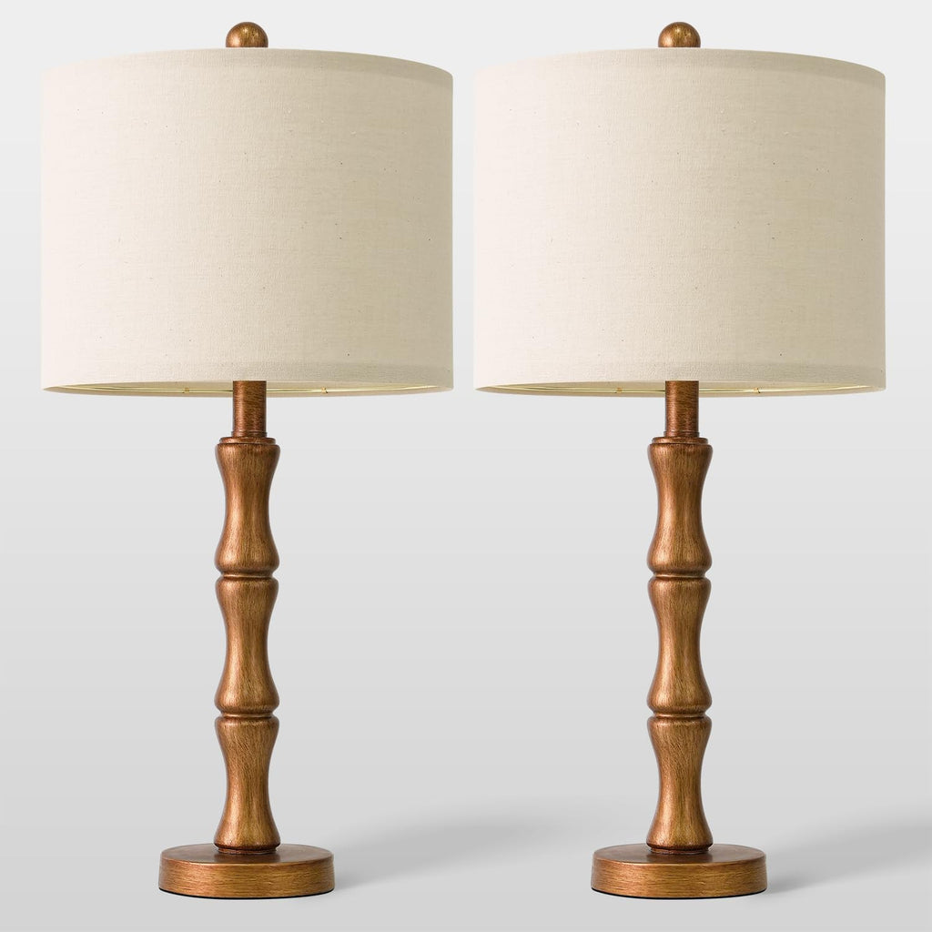 BOBOMOMO 25" Vintage Nightstand Lamps Set of 2, Farmhouse Table Lamps with Antique Gold Resin Base & Linen Shade, Standard Table Lamps…