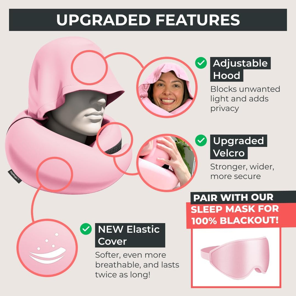 FlyHugz® 2.0 Hooded Travel Pillow – 2026 Original Release – Memory Foam Neck Pillow with Adjustable Hood & Premium Elastic Washable Cover…