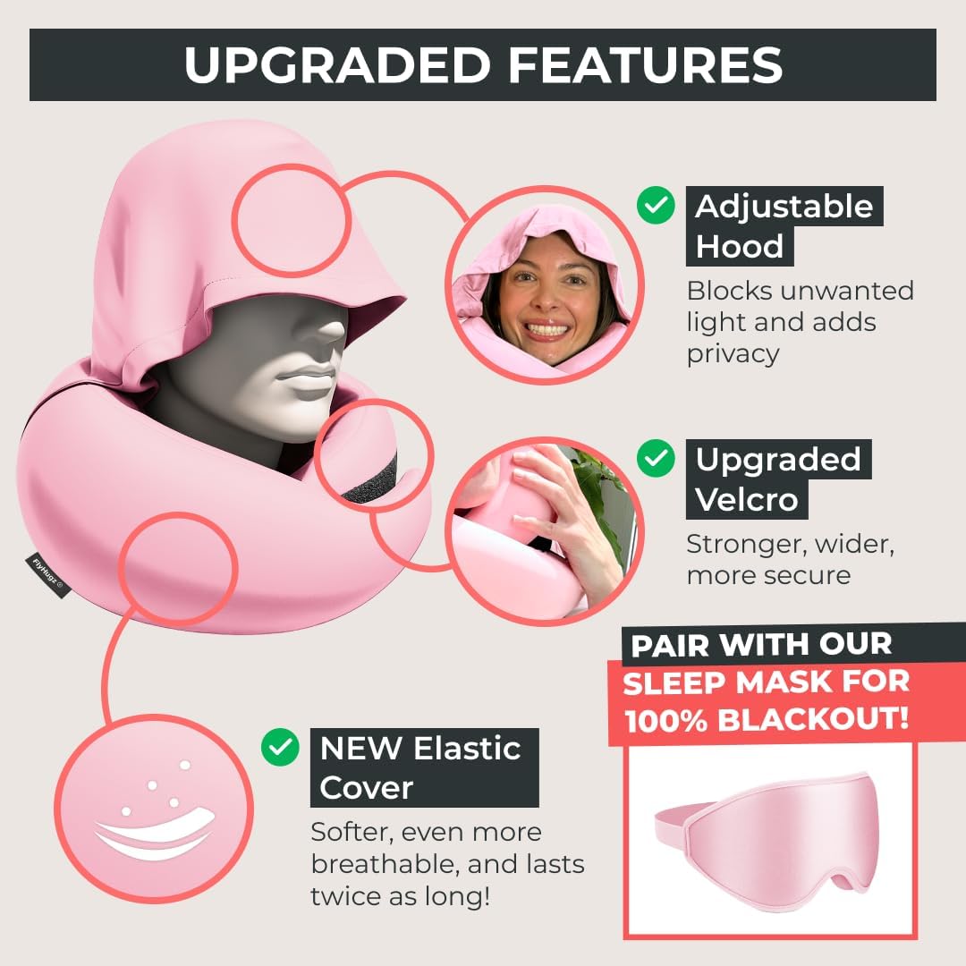 FlyHugz® 2.0 Hooded Travel Pillow – 2026 Original Release – Memory Foam Neck Pillow with Adjustable Hood & Premium Elastic Washable Cover…