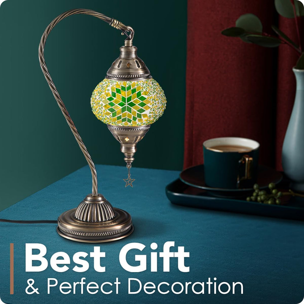 Yarra-Decor Turkish Moroccan Lamp with Bronze Base 3 Color Options Handmade Swan Neck Tiffany Mosaic Glass Bedside Lamps for Bedroom (LED…