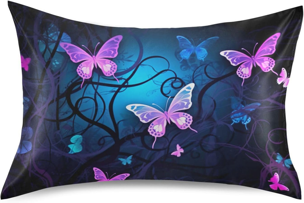 YETTASBIN Purple Blue Butterfly Satin Pillowcase, Soft Breathable Silk Pillow Case with Envelope Closure for Hair and Skin, Queen Size 30…