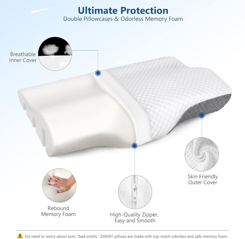 Zamat Memory Foam Pillow for Neck, Adjustable Ergonomic Cervical Sleeping, Orthopedic with Washable Cover, Bed Pillows Side, Back, Stomach…
