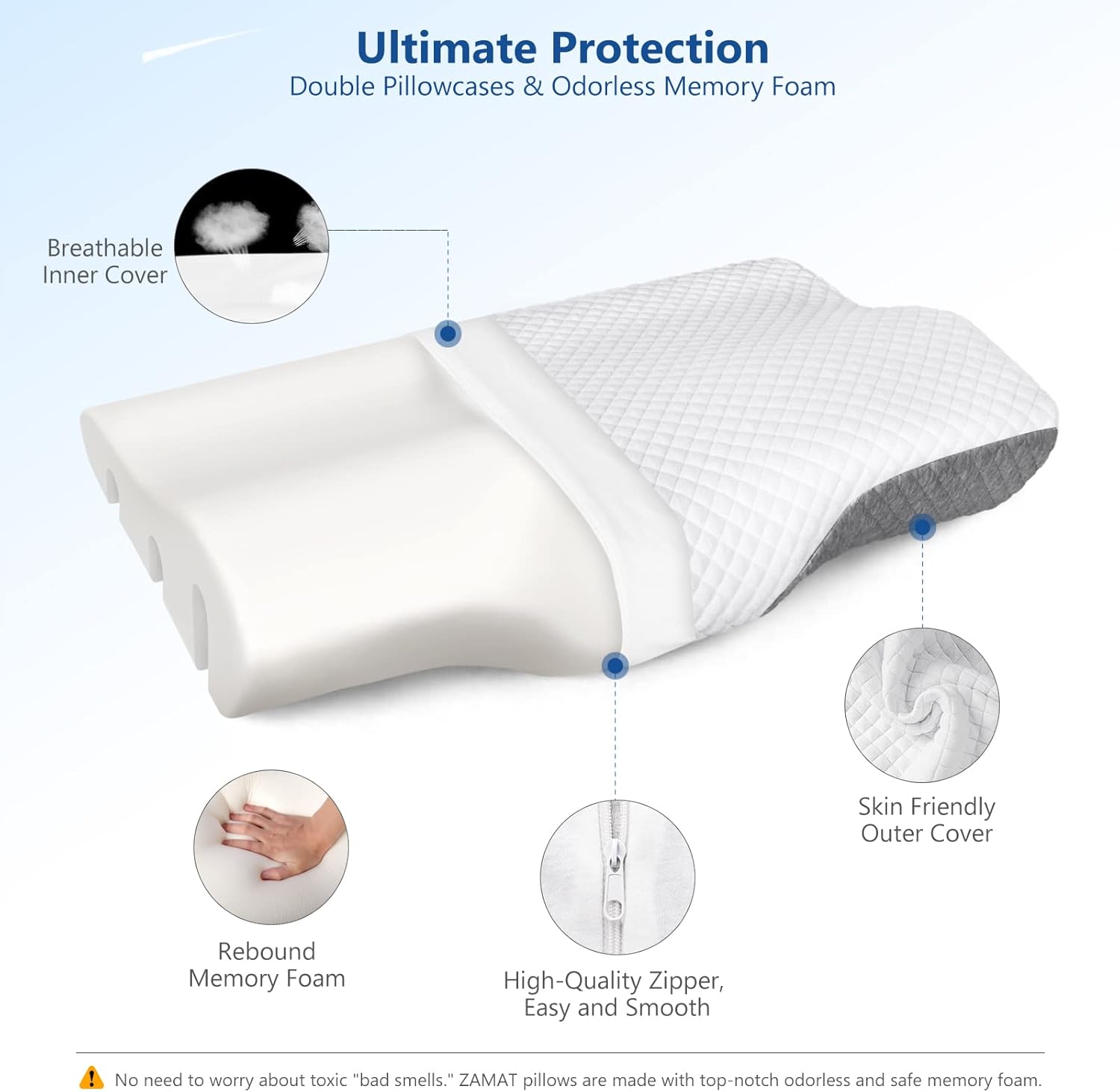Zamat Memory Foam Pillow for Neck, Adjustable Ergonomic Cervical Sleeping, Orthopedic with Washable Cover, Bed Pillows Side, Back, Stomach…