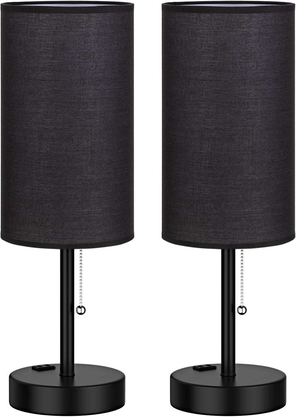 Fenmzee Large Black Bedside Lamps Set of 2-3 Color Temperatures Pull Chain Lamp with AC Outlet Charging Port, Two Round Night Stand Lamps…