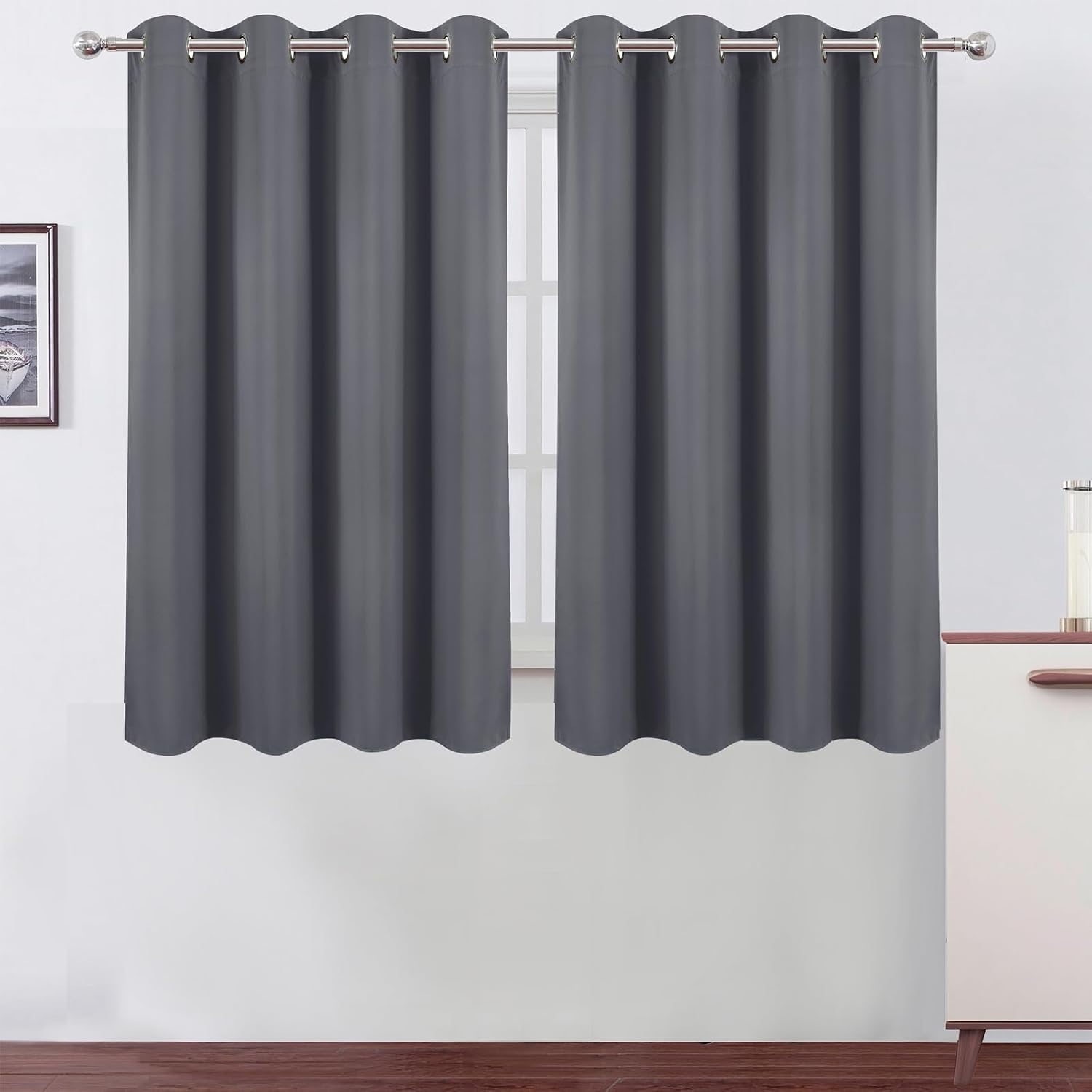 Lemomo Blackout Curtains 66 x 54 Inch Long Grey Curtains Set of 2 Panels Room Darkening Curtains for Bedroom and Living Room 54 Inch Grey