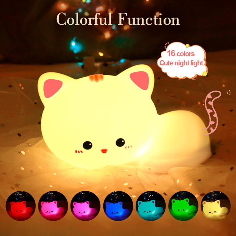 Myratts Led Cute Cat Night Light, 16 Colors Dimmable Nursery Kawaii Nightlight, Super Squishy Silicone USB Rechargeable Remote Control Nigh…