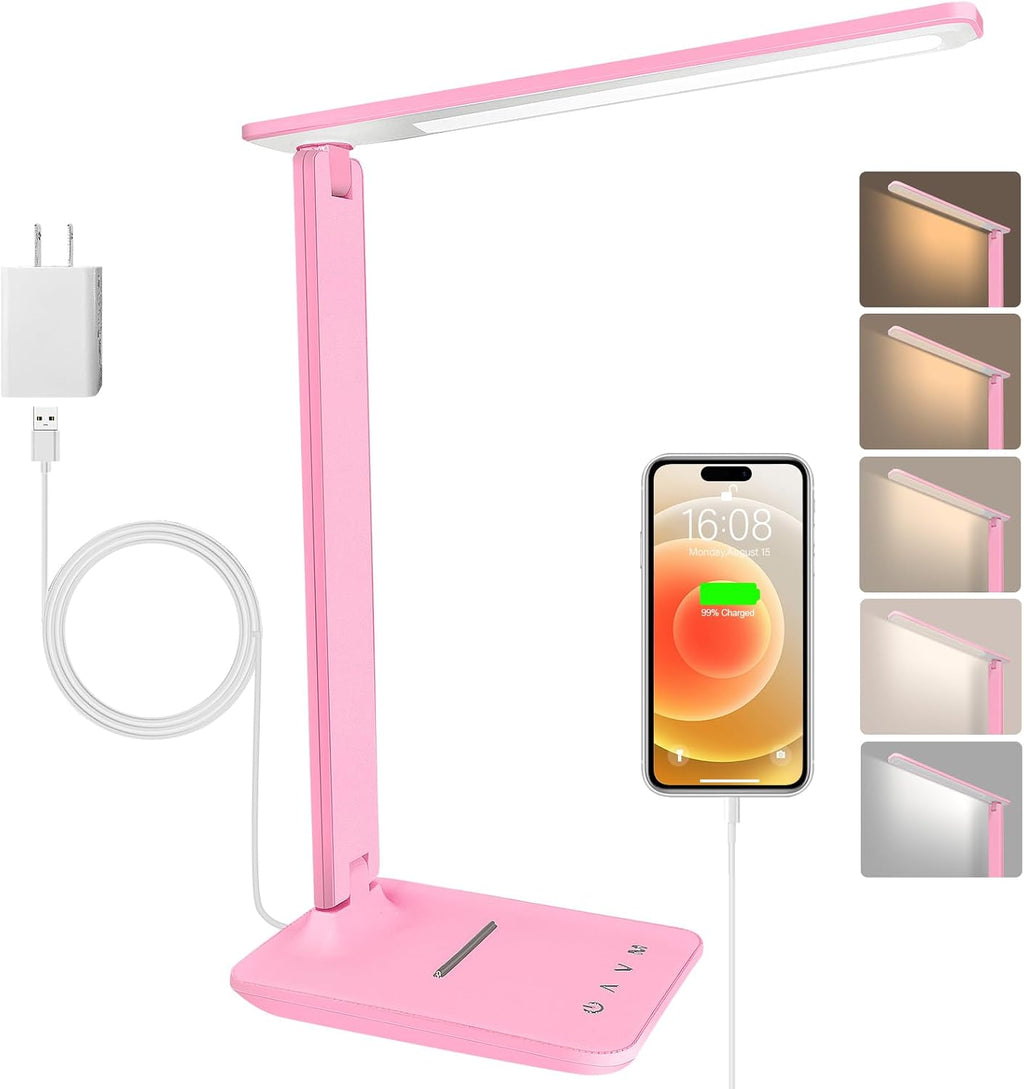 WhiteCrown White crown LED Desk Lamp Dimmable Table Lamp Reading Lamp with USB Charging Port, 5 Lighting Modes, Sensitive Control, 30/60 Mi…
