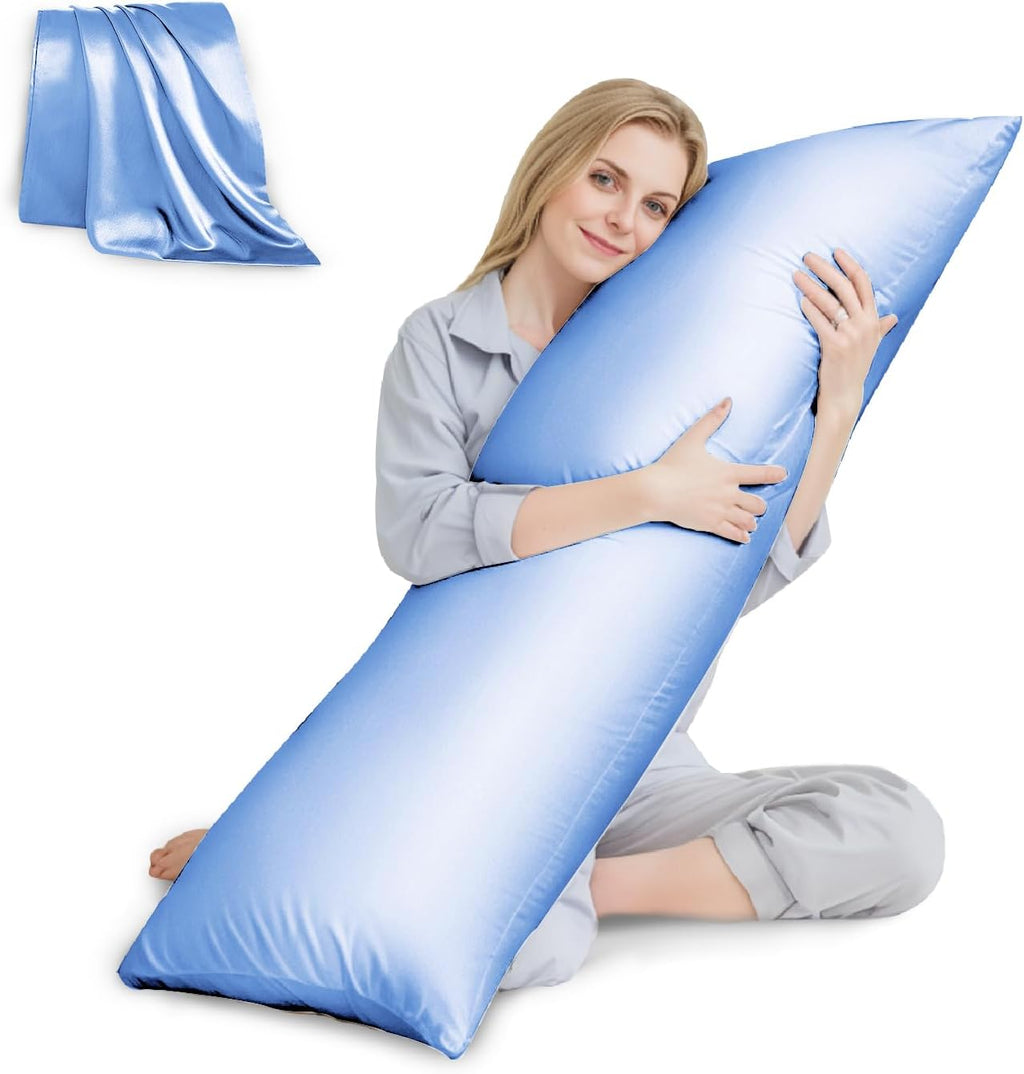 Huxmeyson Body Pillow with Satin Pillowcase, Body Pillow for Adults, Removable Cover, Light Blue (20"x54") 1 count Blue