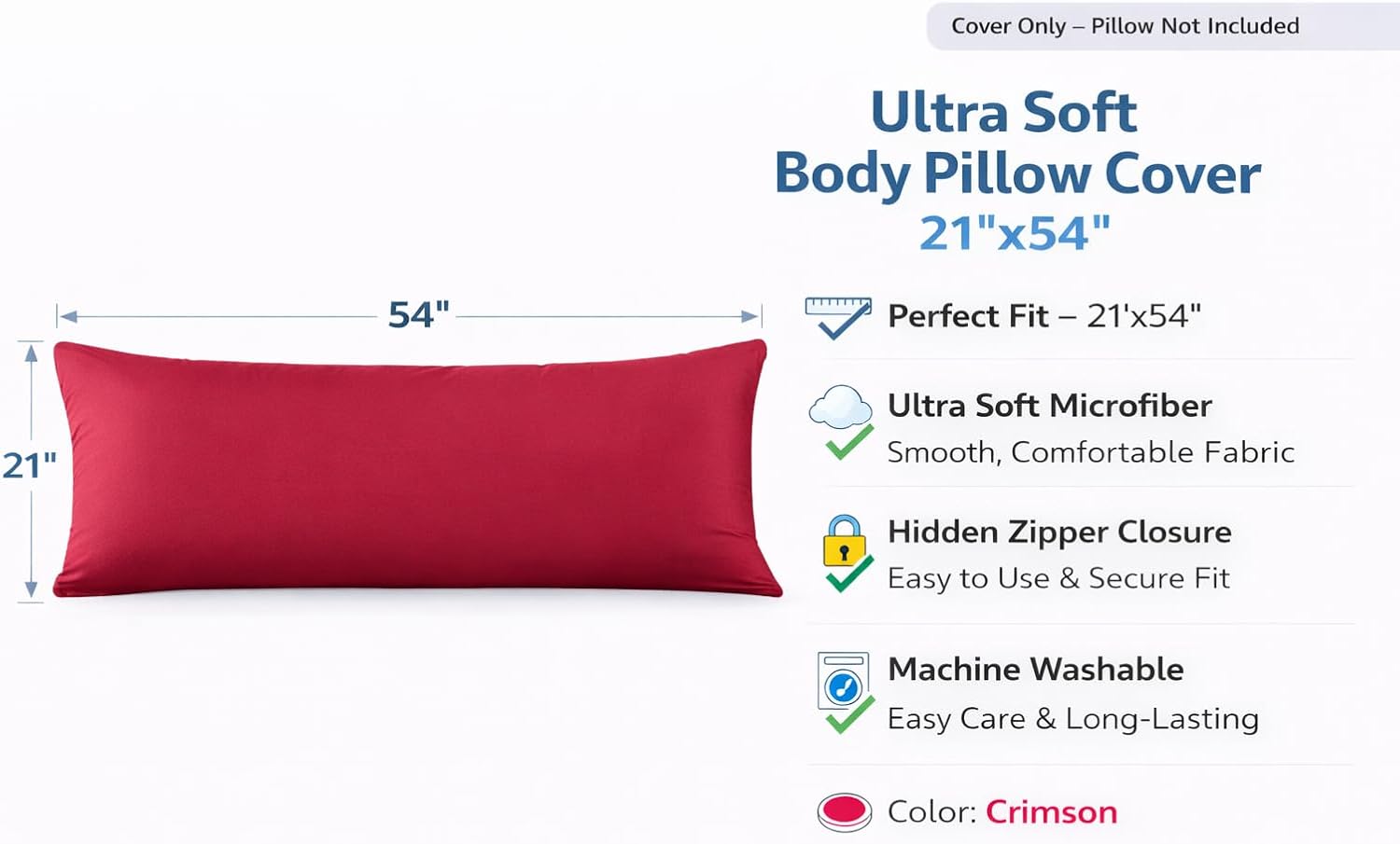 Evolive Ultra Soft Microfiber Body Pillow Cover/Pillowcases 21"x54" with Hidden Zipper Closure (21"x54" Body Pillow Cover, Crimson)