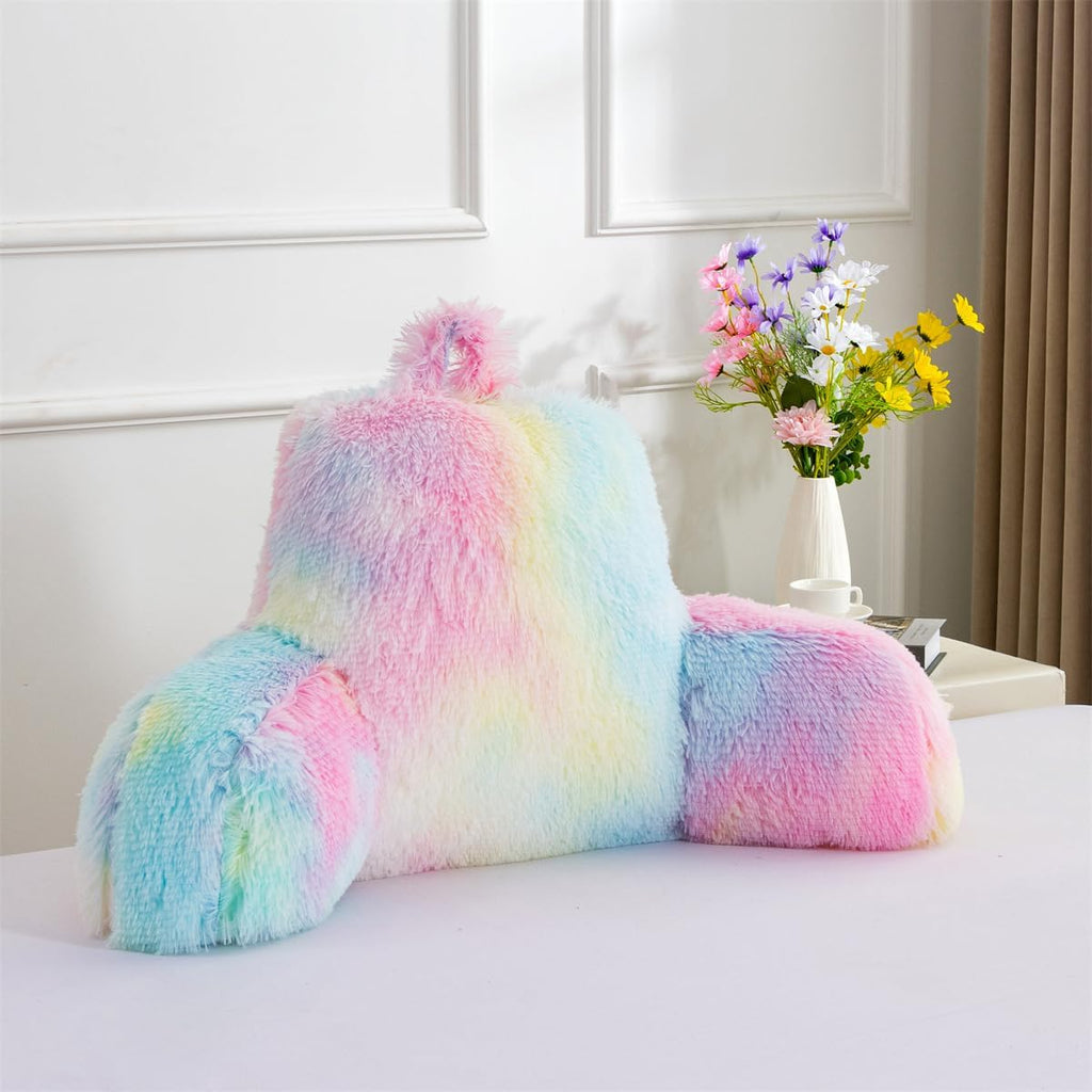 Holawakaka Shaggy Reading Pillow for Bed and Sofa Couch Sitting Up, Tie Dye Backrest Pillows with Arms for Kids Teens Adults, Back Support…