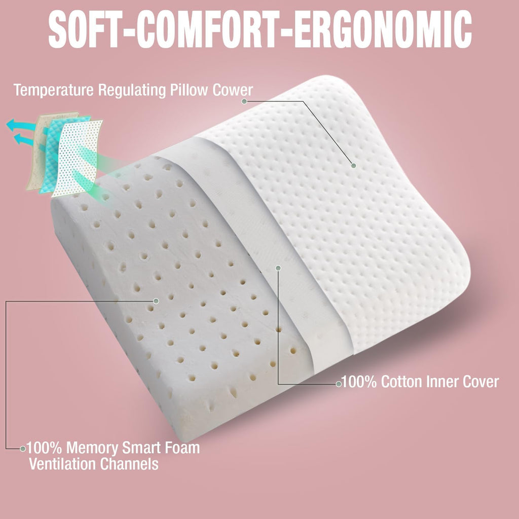alkamto Travel & Camping Comfortable Memory Foam Pillow – Easy to Carry Portable Bag – Temperature Regulating Pillow Case (Pink Contour +…