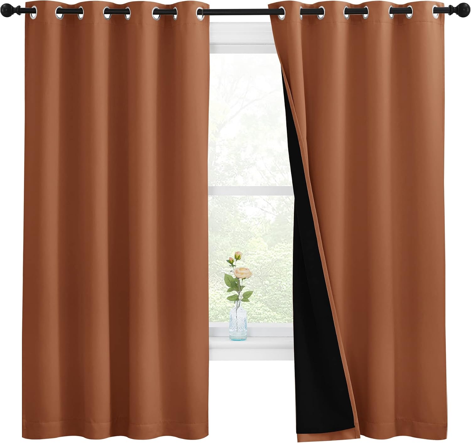 Nicetown Burnt Orange 100% Blackout Lined Curtains, 2 Thick Layers Completely Blackout Window Treatment Thermal Insulated Drapes for Kitche…