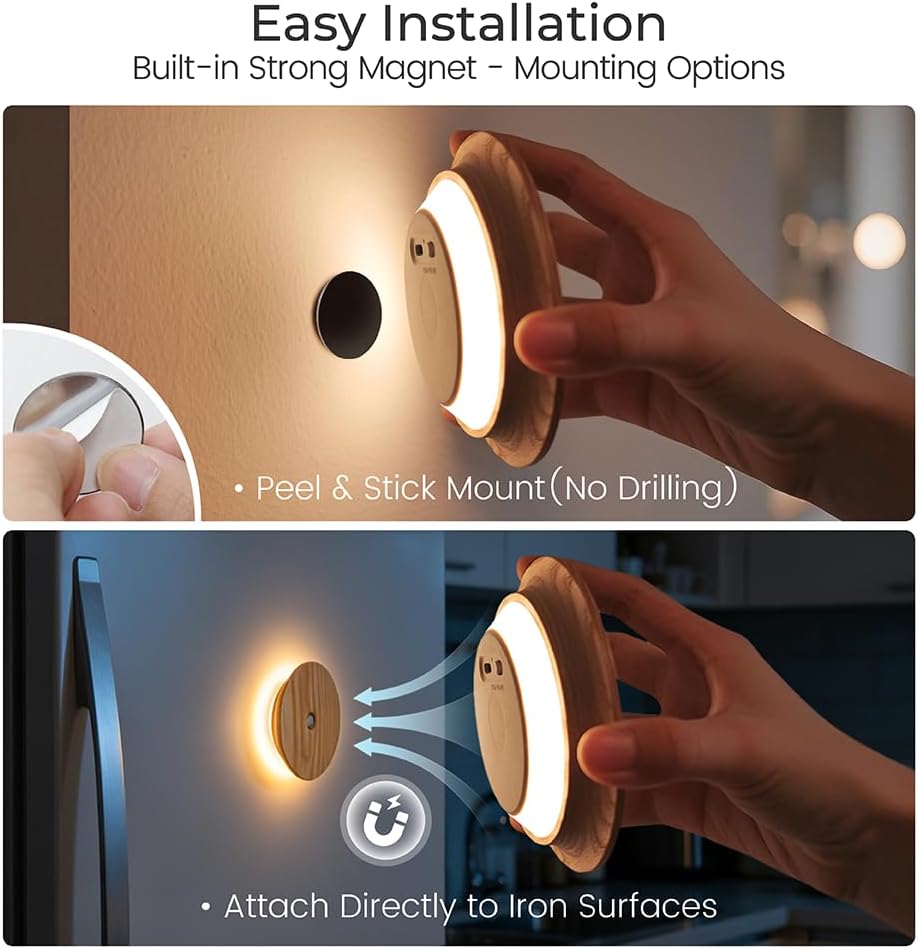 Motion Sensor Night Light Wood, Rechargeable Battery-Powered Magnetic Stick-On Night Light Wall Light for Indoor Stairs, Hallway, and…