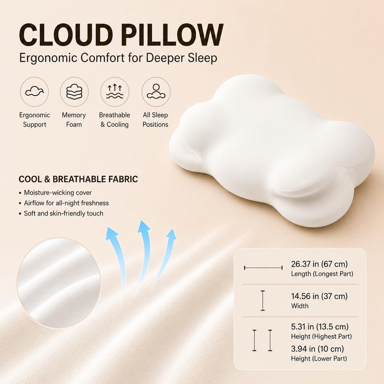 Klxxujk Cloud Pillow, Ergonomic Memory Foam Pillow, Stable Support for Cervical Neck, Cooling Breathable Pillowcase, Cervical Neck for Side,…