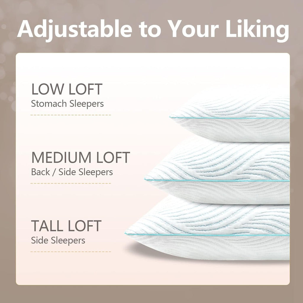 Pillows Standard Size Set of 2 Cooling Memory Foam Pillows for Sleeping Adjustable Medium Firm Back and Side Sleeper