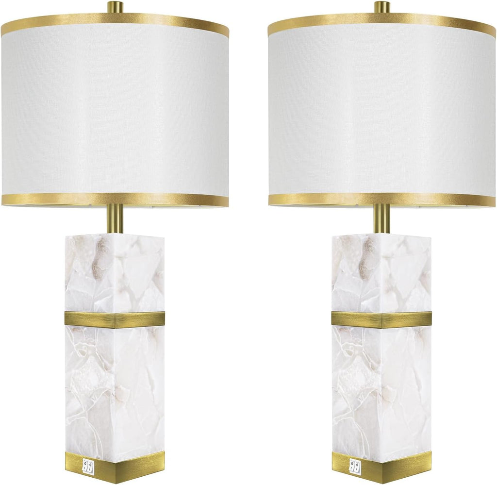 Natural Alabaster Table Lamps Set of 2 - Table Lamp with Night Light for Bedroom, Nightstand Lamps with USB Ports, Bedside Lamps with Linen…