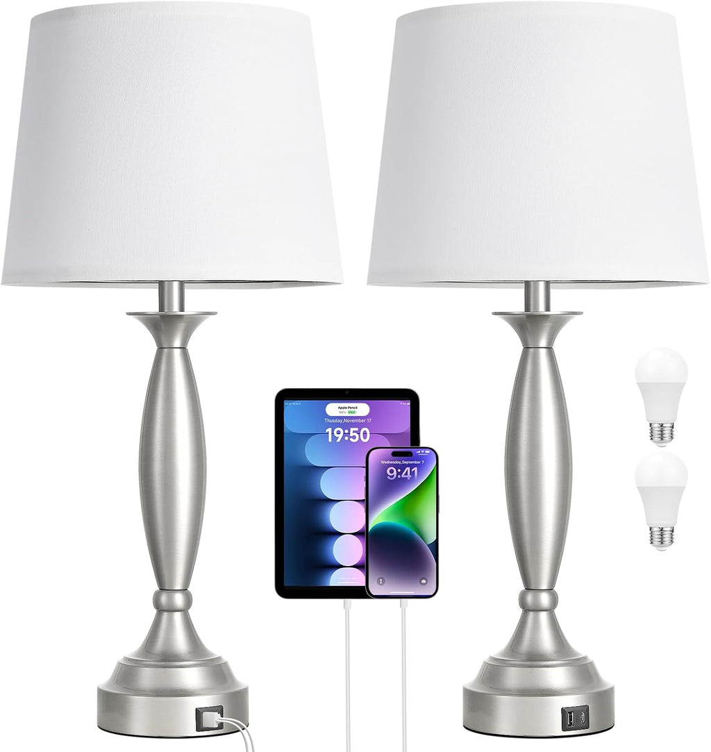 Seealle 25.5" White Lamps for Bedrooms Set of 2 - Touch Control Bedside Lamp with USB C+A, 3 Way Dimmable Nightstand Lamps with USB Port…