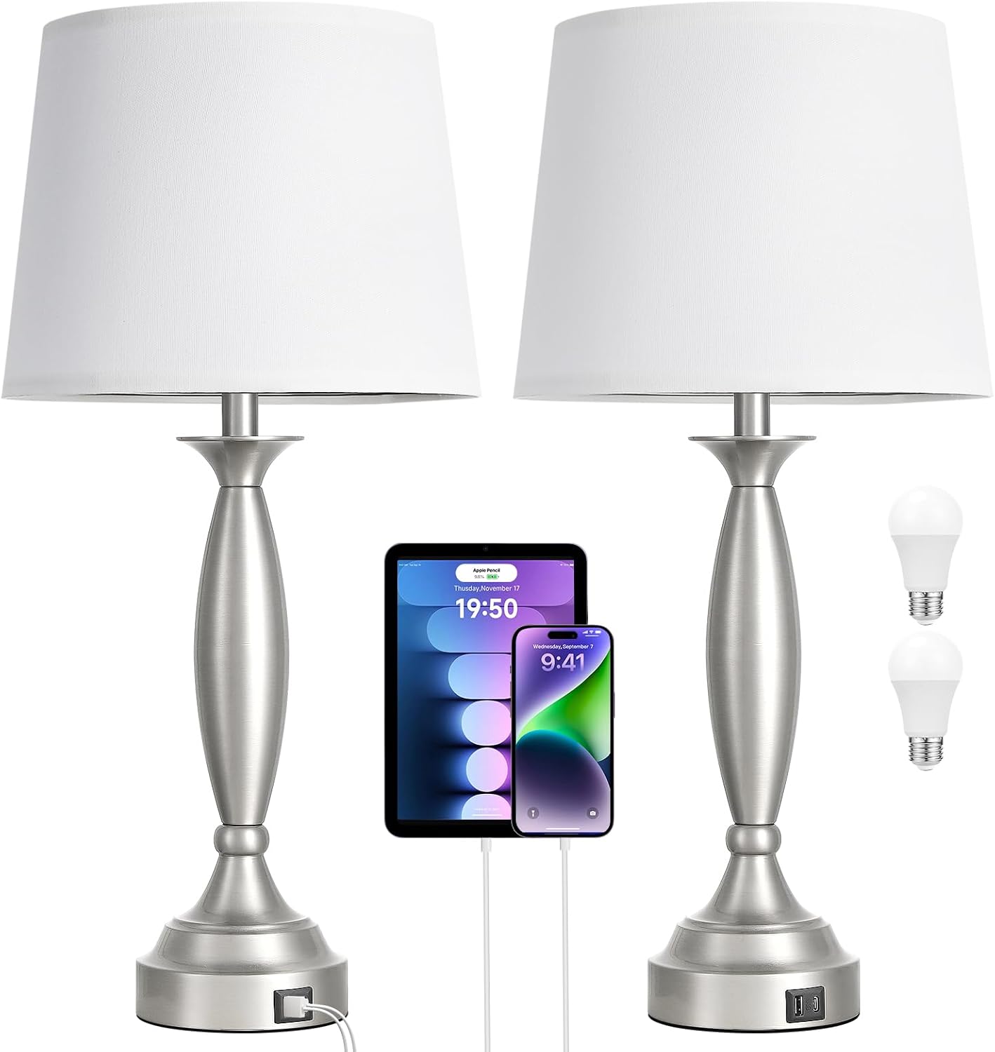 Seealle 25.5" White Lamps for Bedrooms Set of 2 - Touch Control Bedside Lamp with USB C+A, 3 Way Dimmable Nightstand Lamps with USB Port…