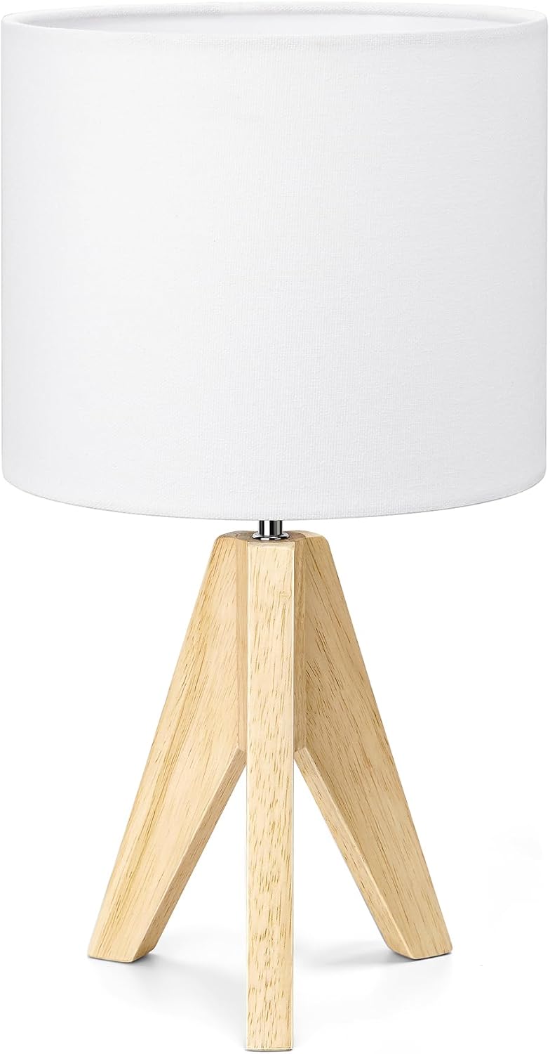 EDISHINE Small Cute Table Lamp, Wood Tripod Nightstand Lamp, Mid Century Bedside Lamp with Linen Fabric Shade for Nursery, Living Room…