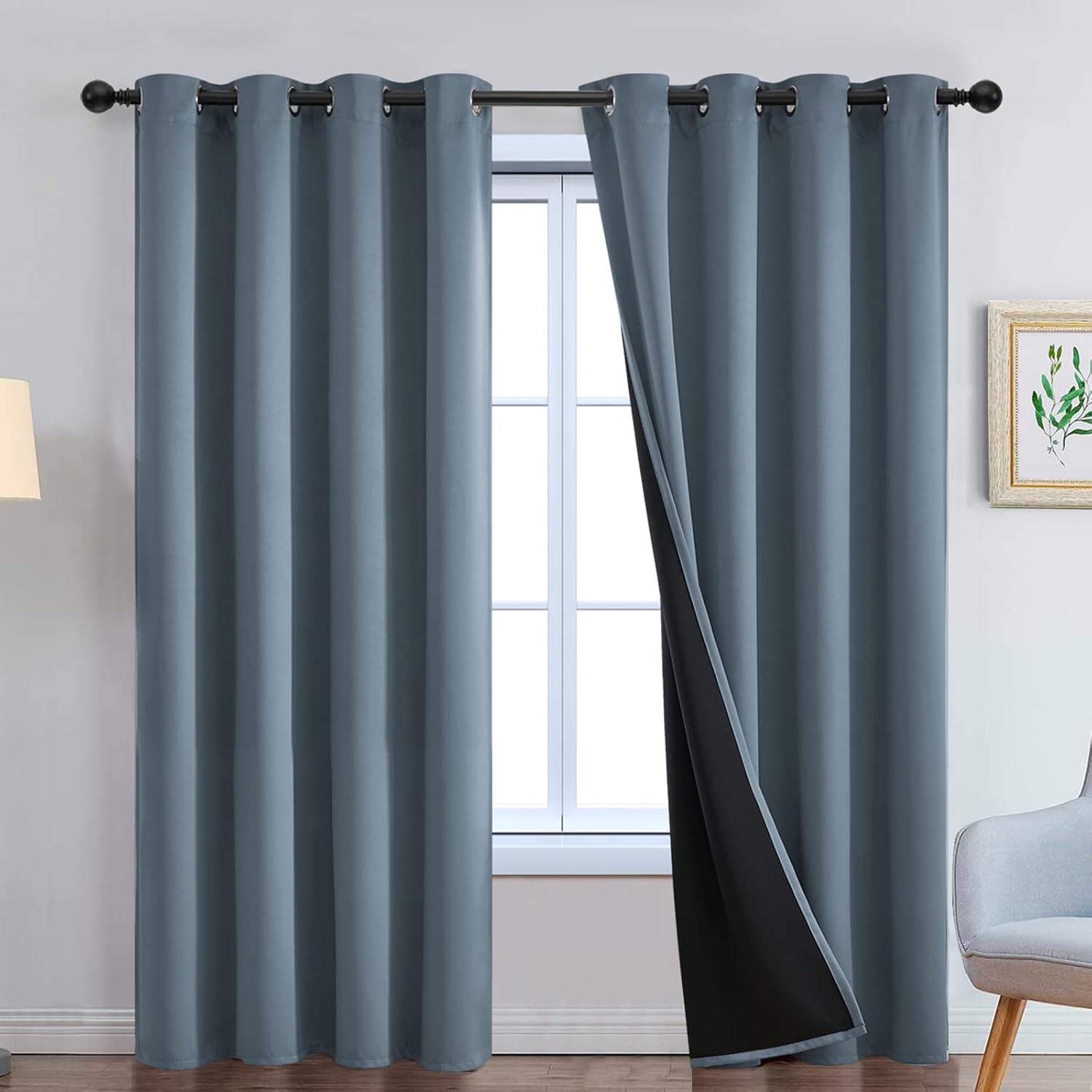Yakamok 100% Blackout Lined Panels, Room Darkening Thermal Insulated Blackout Curtains for Bedroom, Heat Blocking Drapes for Living Room(52…